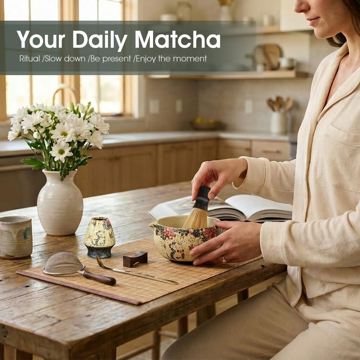 GleeNflux Matcha Set, 7-Piece Matcha Whisk Set with Bowl & 100-Prong Whisk