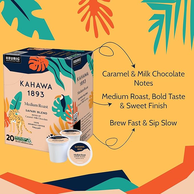 Kahawa 1893 Medium Roast Coffee K-Cup Pods Safari Blend (20 Count) - As Seen on Shark Tank, High