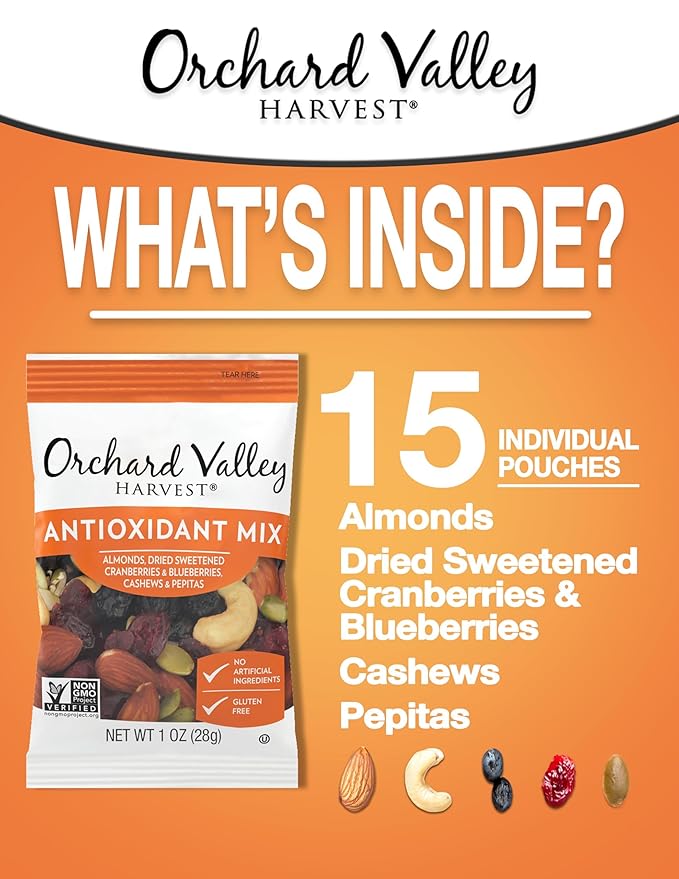 Orchard Valley Harvest Antioxidant Mix, 1 Ounce Bags (Pack of 15), Almonds, Cranberries