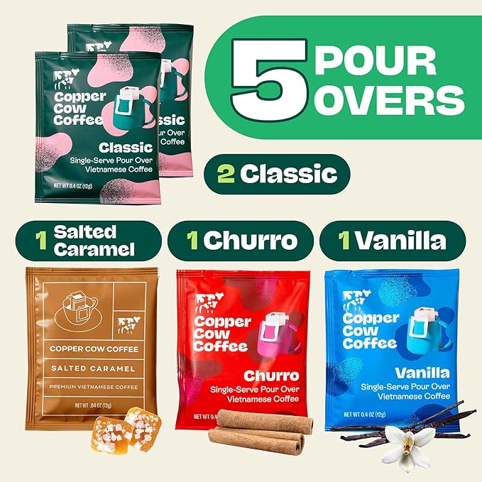 Copper Cow Premium Pour Over Single-Serve Vietnamese Coffee | Best Brews Variety Pack (Includes 5