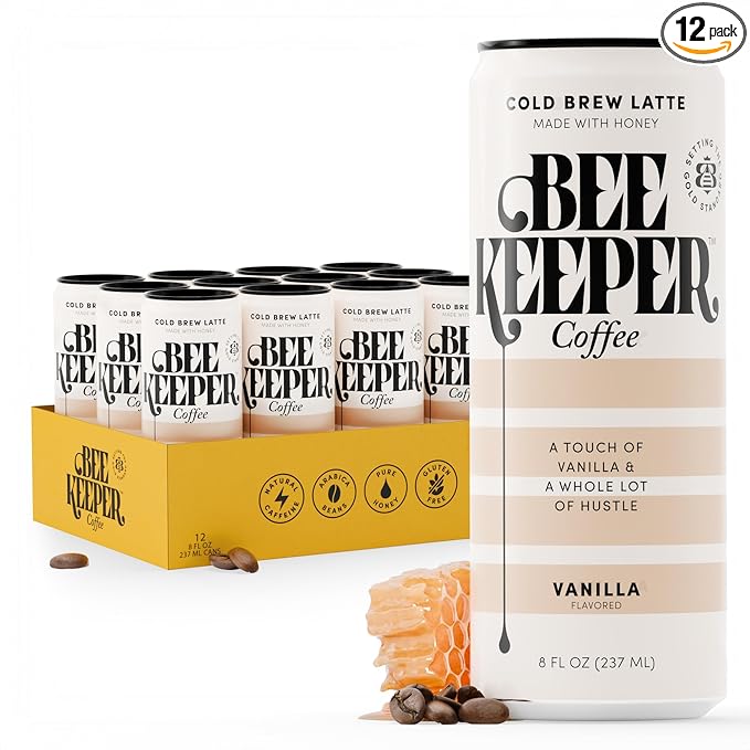 Beekeeper Coffee Cold Brew Vanilla Latte with Oregon Honey, 8 fl oz cans (Pack of 12)