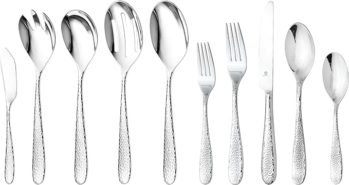 Hammered Silverware Set with Serving Utensils, 18/10 Stainless Steel Flatware for 8, Dishwasher