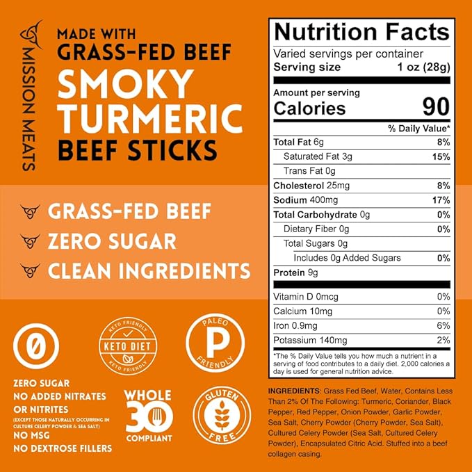 Mission Meats Beef Sticks – 100% Grass Fed & Pasture Raised, Sugar Free, Individually Wrapped