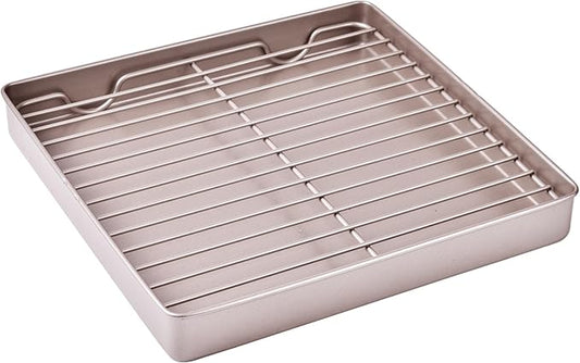 Roasting Pan with Rack, 11-Inch Non-Stick Square Shallow Dish Sheet Pan with Wire Rack for Oven