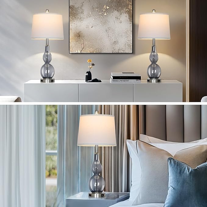 27.5" Gray Clear Glass Table Lamp Set of 2,3-Way Dimmable Touch Control Bedside Lamps with USB