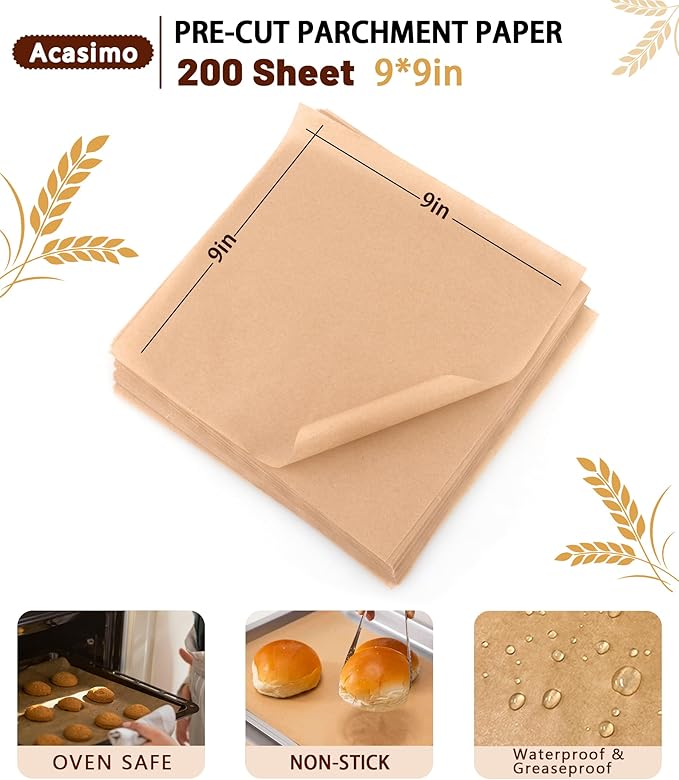 200PCS Parchment Paper Sheets, 9x9in, Squares Baking Paper for Baking, Air Fryer, Steaming
