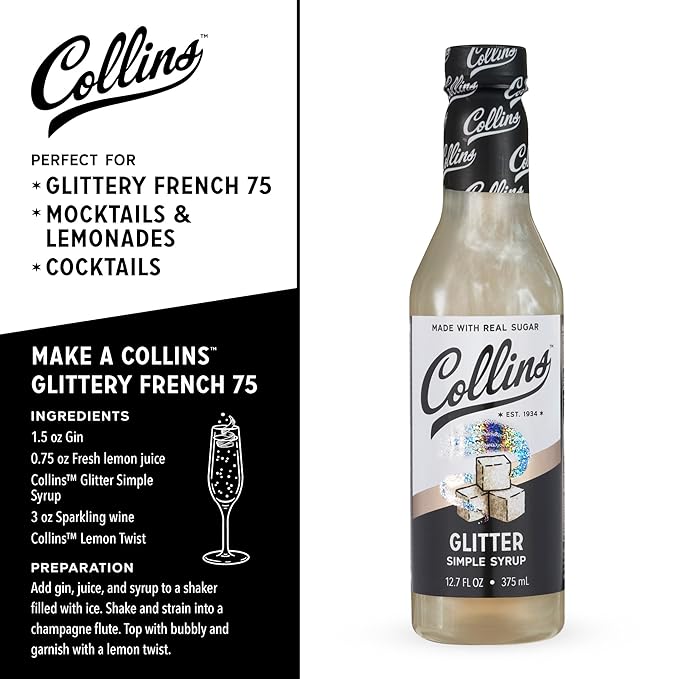 Collins Glitter Simple Syrup, Sparkle Cocktail Mixer with Edible Shimmer, Made with Real Sugar, No