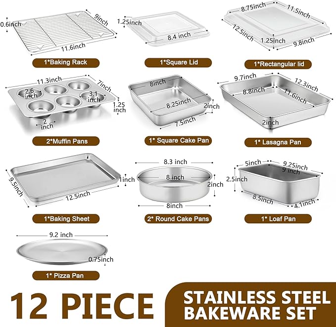 P&P CHEF Stainless Steel Bakeware Set, 12-Piece Kitchen Baking Pans Set, Baking Sheet with Rack
