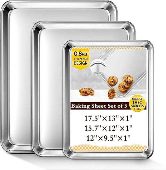 Baking Sheet Set of 3, Commercial Grade Stainless Steel Cookie Sheets for Baking, 12/16/17.5 Inch