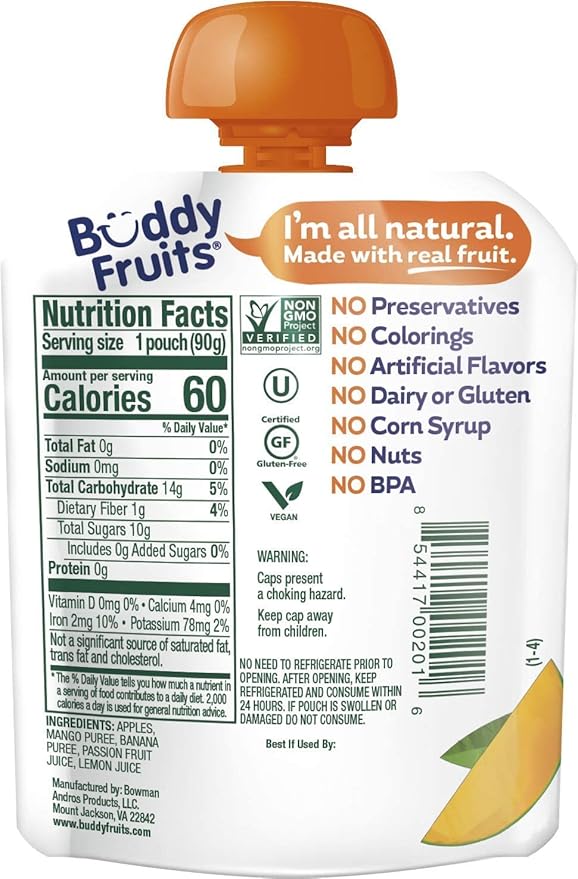 Buddy Fruits Snacks To Go Mango Unsweetened Applesauce 3.2oz Pouch (18pk)