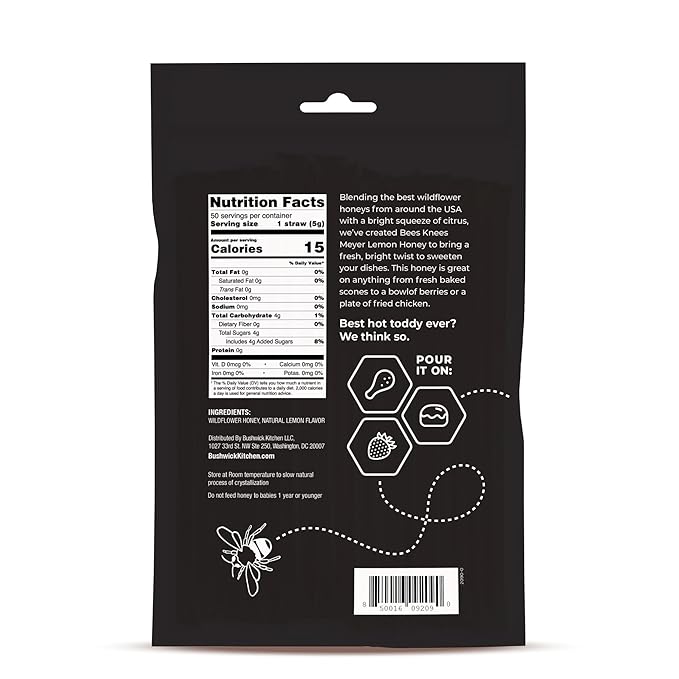 Bees Knees Meyer Lemon Honey Sticks, 50 Sticks, 1tsp Each, Wildflower Honey Straws Infused with a