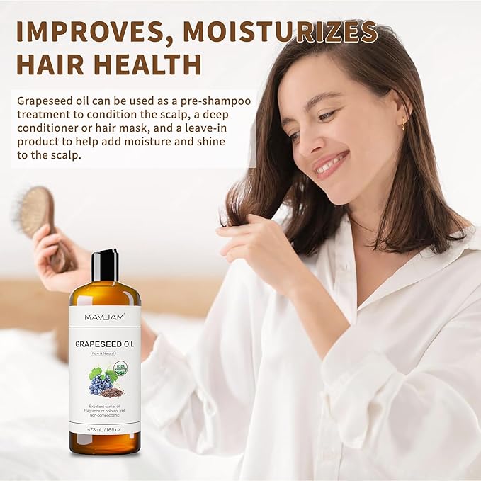 Organic Grapeseed Oil for Skin & Hair 16 oz, USDA Certified 100% Pure & Natural Grape Seed Oils