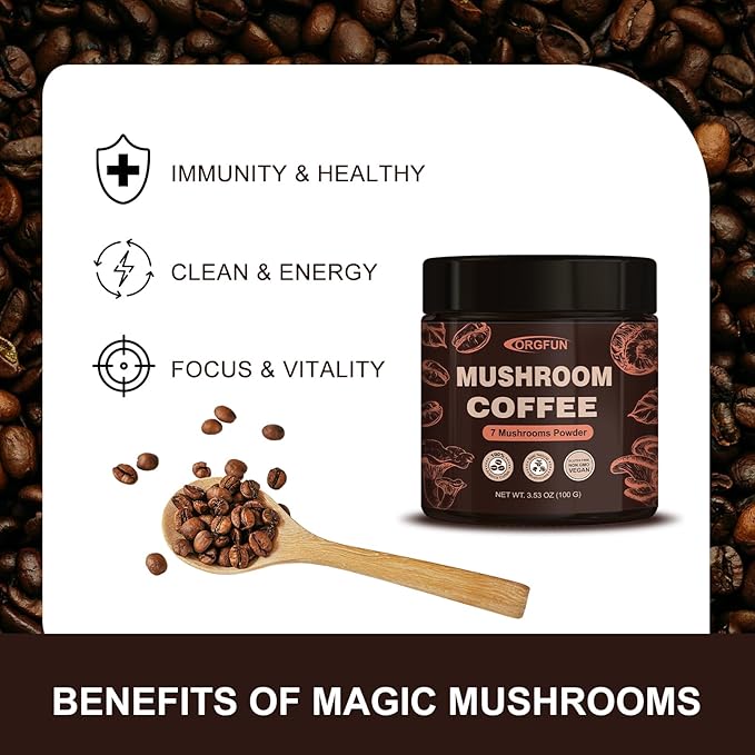 ORGFUN Premium Mushroom Coffee with 7 Superfood Mushrooms, Great Tasting Arabica Instant Coffee