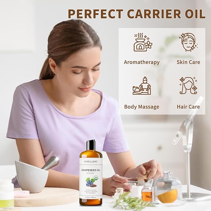 Organic Grapeseed Oil for Skin & Hair 16 oz, USDA Certified 100% Pure & Natural Grape Seed Oils