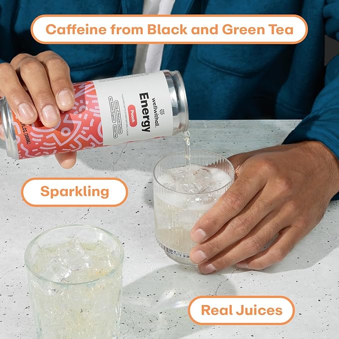 WellWithAll Peach Energy Drink ??Caffeine from Tea ??With Vitamin C ??Lightly Sparkling Beverage