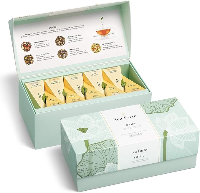 Tea Forte Lotus Presentation Box Tea Gift Set Sampler, 20 Assorted Variety Handcrafted Pyramid