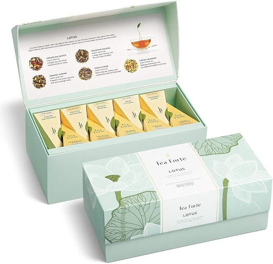 Tea Forte Lotus Presentation Box Tea Gift Set Sampler, 20 Assorted Variety Handcrafted Pyramid