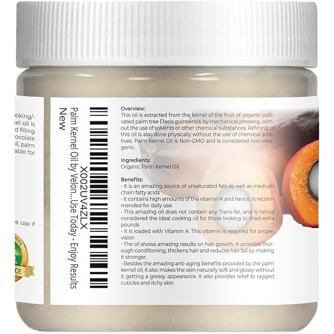 velona USDA Certified Organic Palm Kernel Oil - 4 Fl Oz | 100% Pure and Natural Carrier Oil |