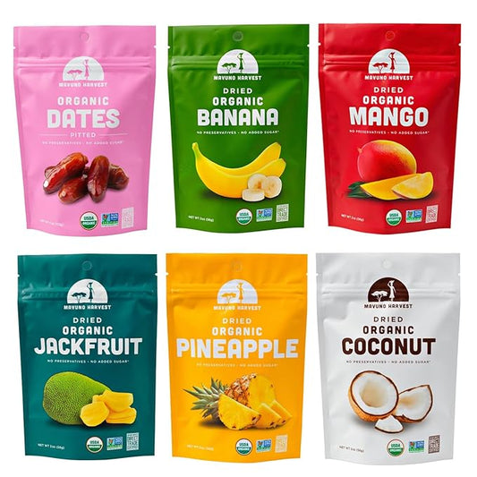 Mavuno Harvest Organic Dried Fruit Variety Pack | Dried Mango, Dates, Pineapple, Banana, Jackfruit