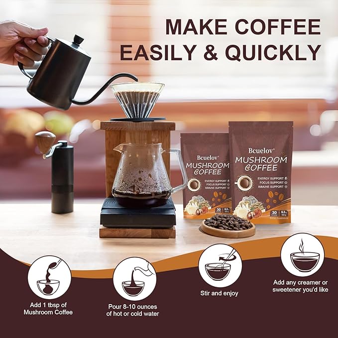 2 Bag Mushroom Coffee, Instant Coffee with 6 Adaptogenic Mushrooms (Lion?™s Mane, Cordyceps