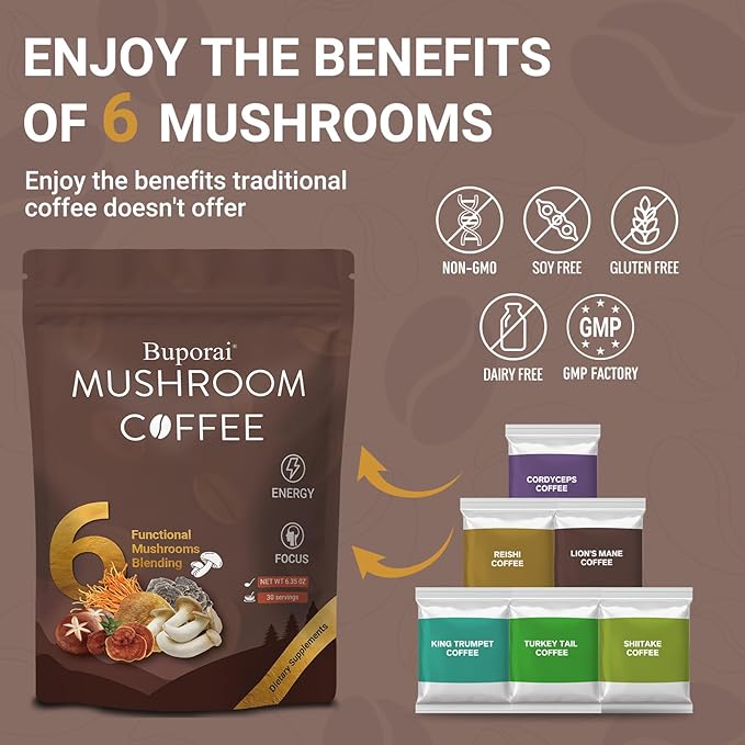 Mushroom Coffee, Instant Mushroom Coffee with 6 Mushrooms Lion’s Mane, Cordyceps, Turkey Tail &