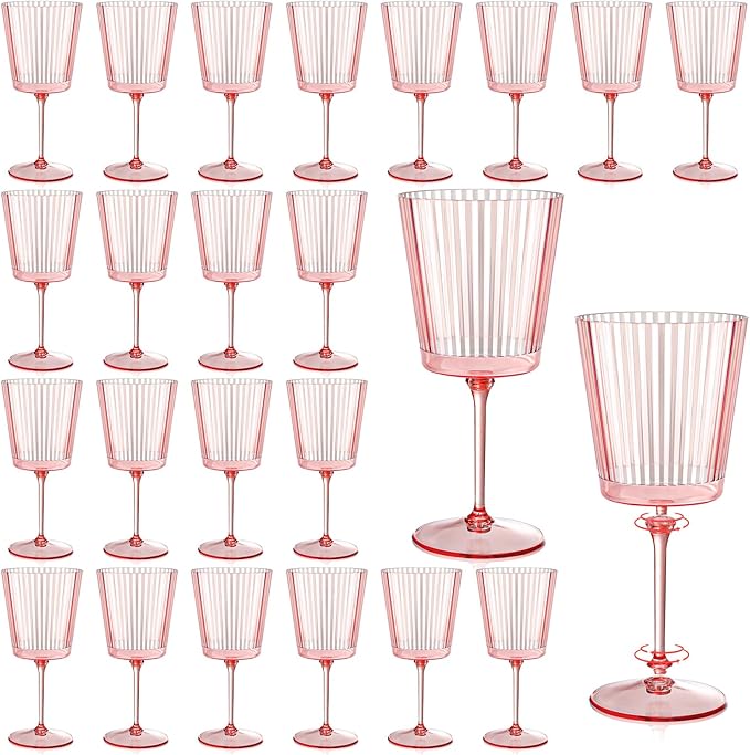 24 PCS Pink Plastic Wine Glasses with Removable Stems 13.5 OZ Ribbed Wine Glass Set Square White