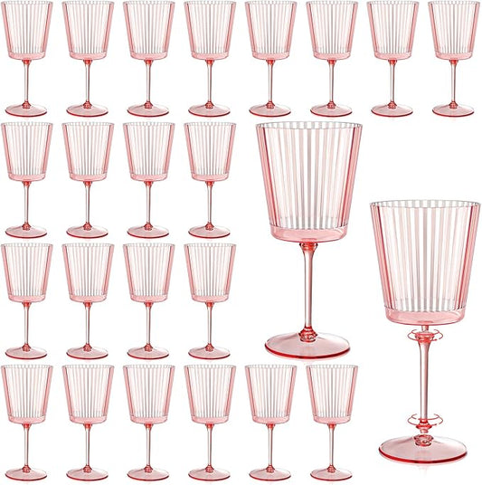 24 PCS Pink Plastic Wine Glasses with Removable Stems 13.5 OZ Ribbed Wine Glass Set Square White