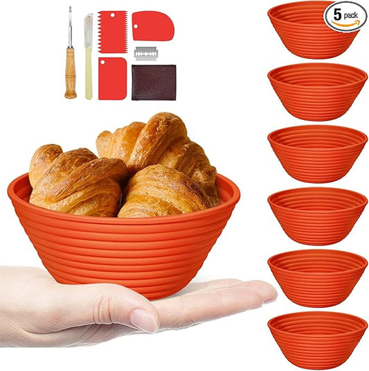 Silicone Banneton, Sourdough Bread Baskets (Set of 6, 5 Inch), Round Proofing Bread Bowls with