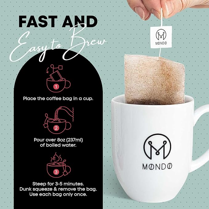Mondo Single Serve Coffee Bags (20 Cups) Variety Pack - Organic, Medium Roast - Disposable