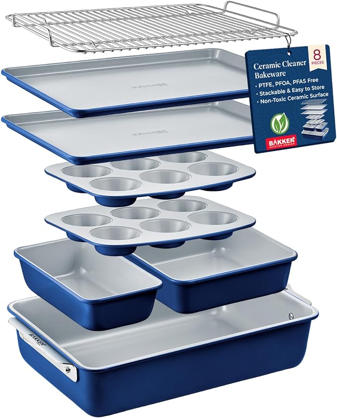Bakken 8-Piece Stackable Bakeware Set - Ceramic Non-Stick Coating, Baking Sheets, Assorted Baking