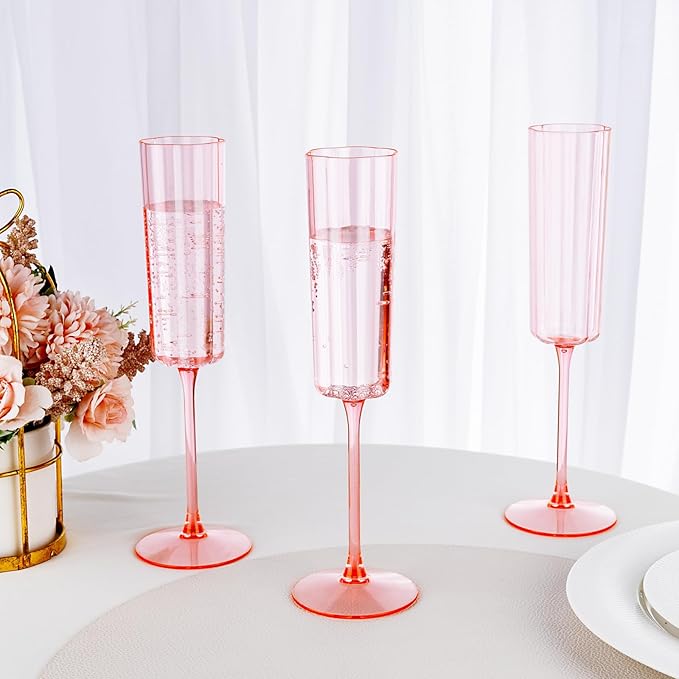 Ciaell 24 Pack Pink Plastic Champagne Flutes - 6 Oz Flower Wavy Champagne Glasses - Heavy Duty