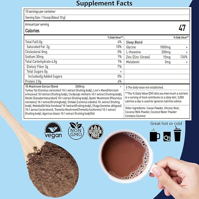 10 Mushroom Hot Cocoa, 3mg Melatonin Sleep Supplement, Sugar Free Keto Cocoa Powder, Nighttime