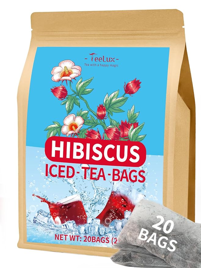 TeeLux Hibiscus Iced Tea, Family Sized Hibiscus Tea Bags, Natural Hibiscus Flowers Herbal Tea
