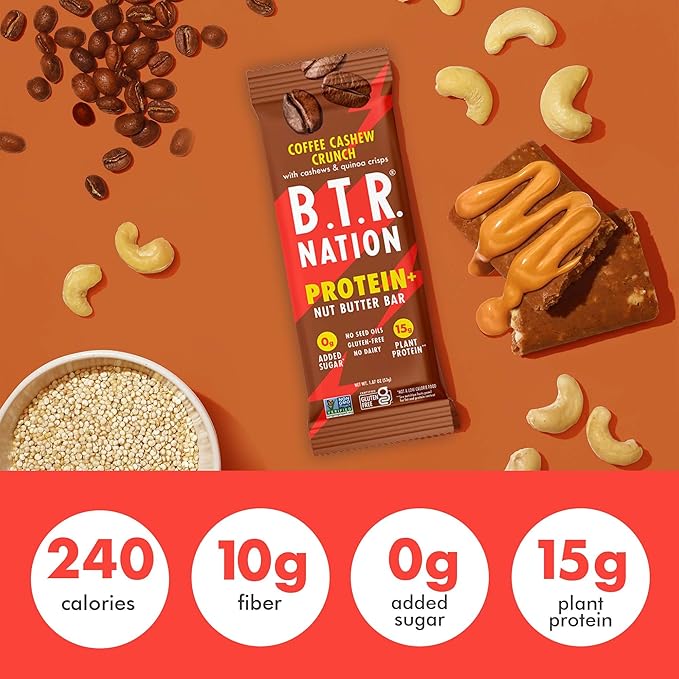 B.T.R. Nation Vegan Keto Plant Based High Protein & High Fiber Bars - Coffee Cashew Crunch Protein+
