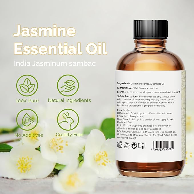 Jasmine Essential Oil 4 Oz, 100% Pure Jasmine Oil for Diffuser, Skin, Hair, Body & Face, Perfume