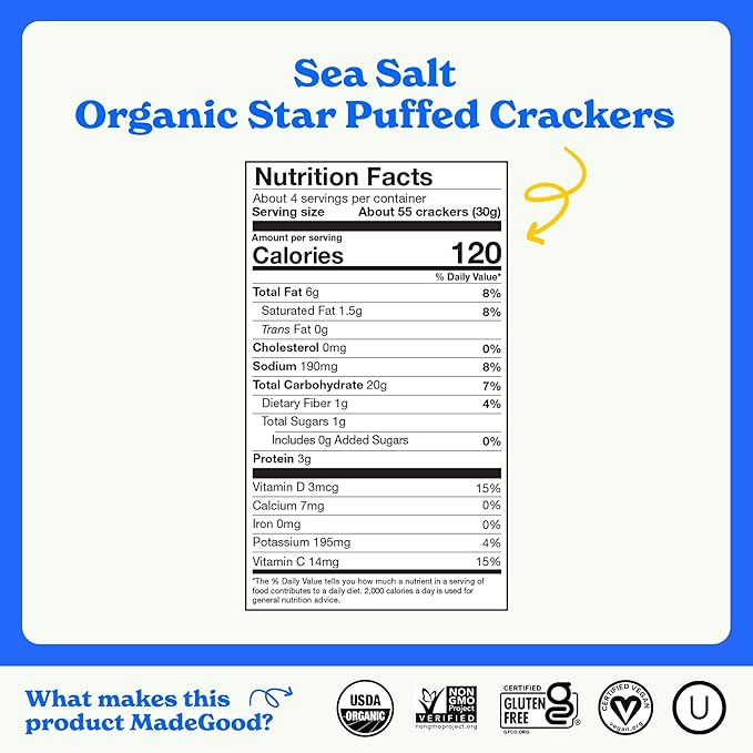 MadeGood Star Puffed Crackers, Sea Salt, 6 Bags (4.26oz Each) Gluten Free and Organic, Healthy