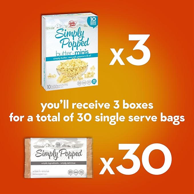 Jolly Time Simply Popped Butter Minis, Lightly Salted Microwave Popcorn, 1.5oz Personal Bag, 10