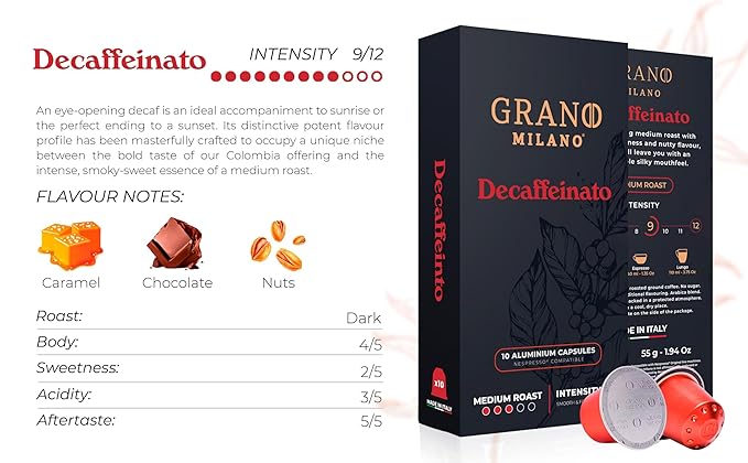 Grano Milano Decaffeinato - 50 Aluminium Espresso Pods Compatible with Nespresso Original line