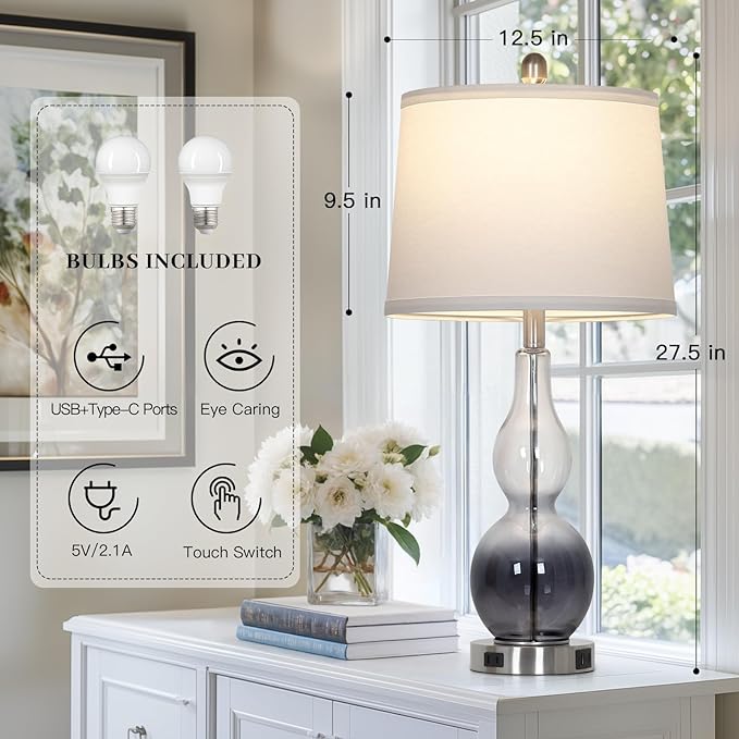 27.5" Gradual Gray Clear Glass Table Lamp Set of 2,3-Way Dimmable Touch Control Bedside Lamps with