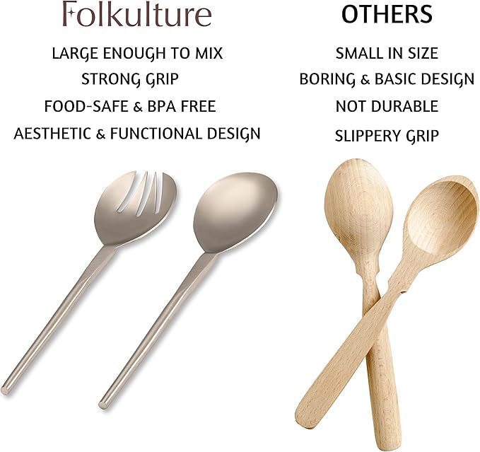 Folkulture Stainless Steel Kitchen Salad Servers or Salad Serving Utensils for Cooking, 12 Inch