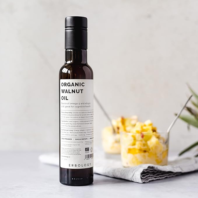 Erbology Organic Walnut Oil 8.5 fl oz - Cold-Pressed - Supports Cognitive Health - Straight from