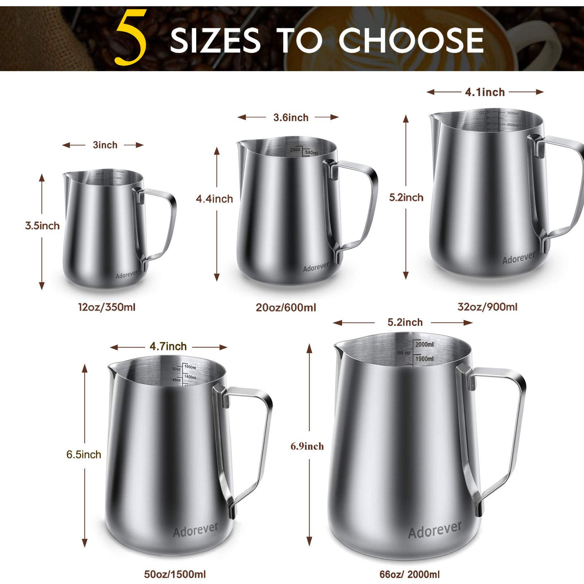Milk Frothing Pitcher, 8.5oz/12oz/20oz/32oz/50oz/66oz Milk Frother Cup Stainless Steel, Espresso
