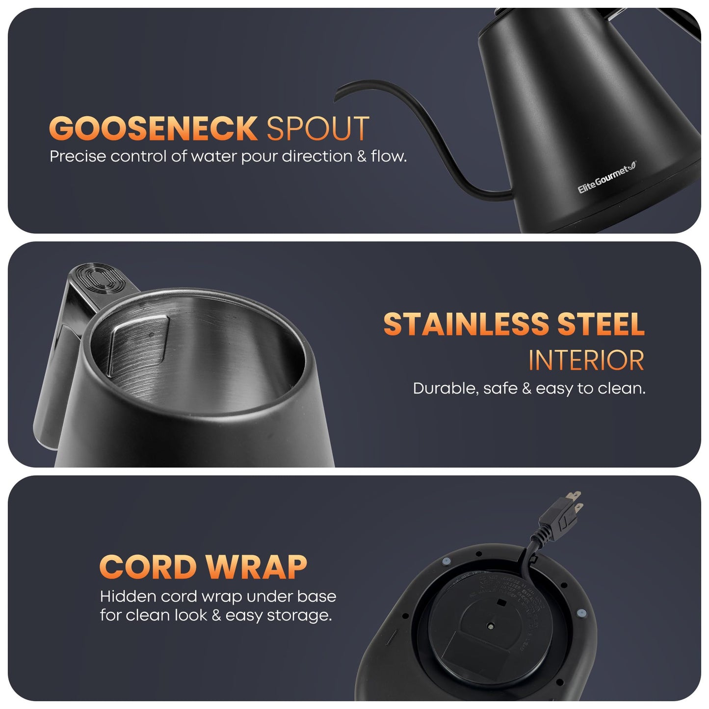 Elite Gourmet EKT3001 1L Digital Kettle, 304 Stainless Steel, Matte Black