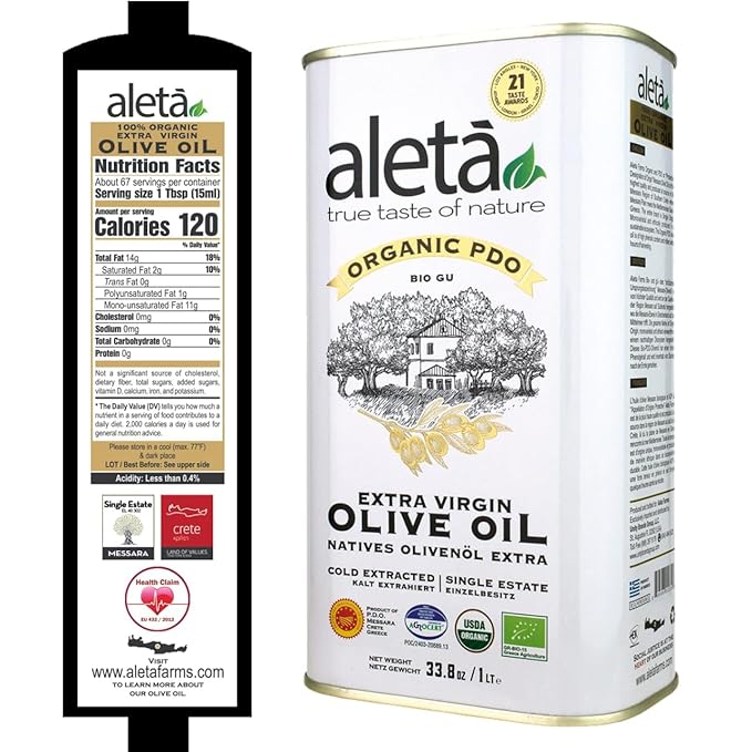 Aleta Farms Olive Oil Extra Virgin, USDA Organic, Single Estate PDO Polyphenol Rich Olive Oil, Cold
