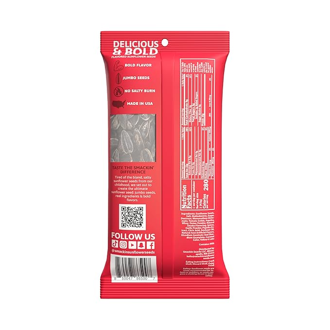 SMACKIN' Sunflower Seeds, Roasted Jumbo Small-Batch, American Made - Backyard BBQ. 1.5oz bags (36