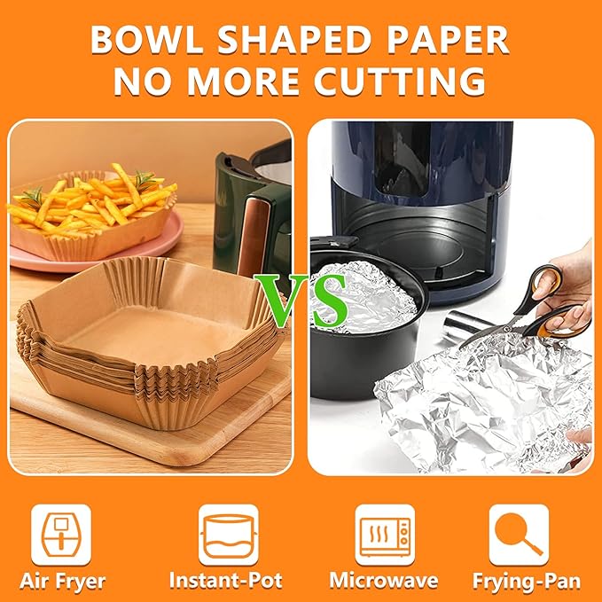 200PCS Air Fryer Liners Disposable: Square 7.9 Inch Non-Stick Airfryer Paper Liners - Food Grade