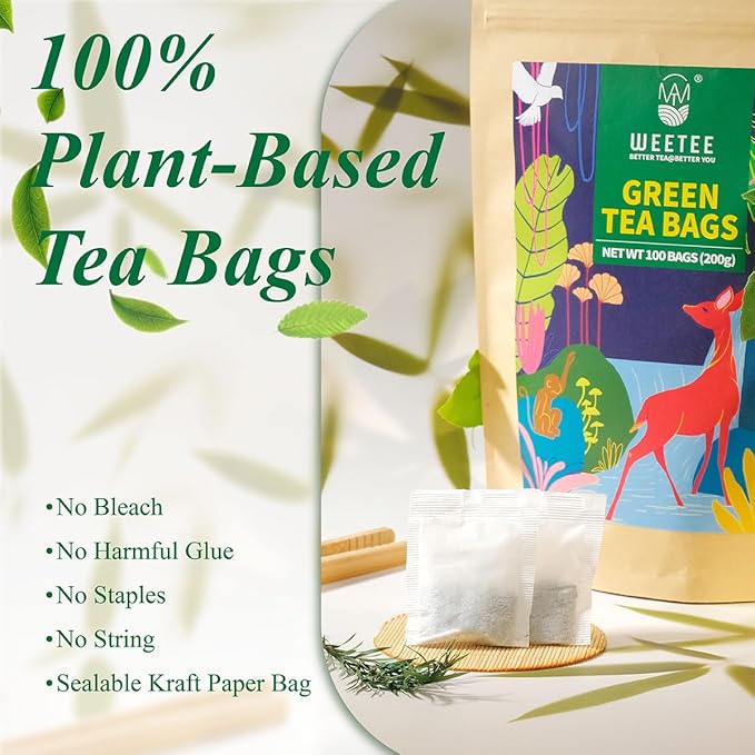 WT WEETEE Green Tea Bags, 100 Count Pure Green Tea, Super Antioxidant | Resealable Kraft Bag | Brew