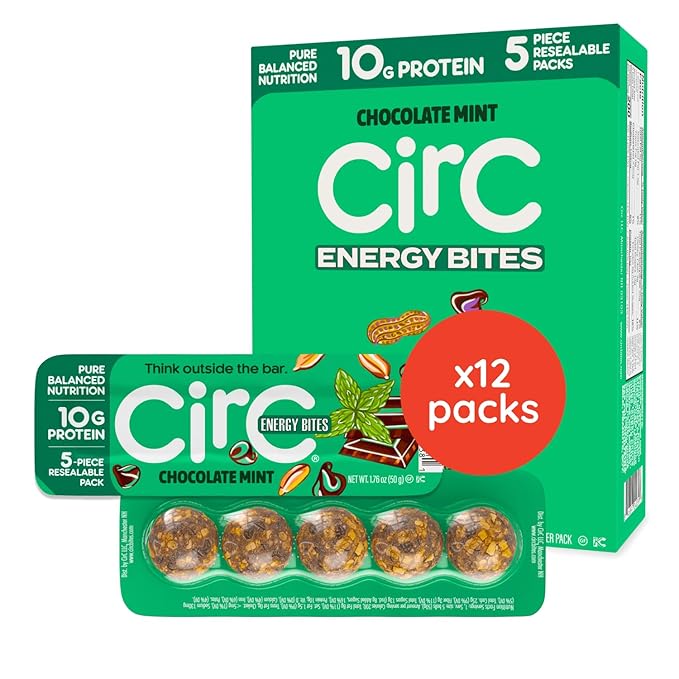 CirC Energy Bites - 12 Pack Mint Chocolate Chip Gluten Free Protein Balls - 10g Protein, Whole