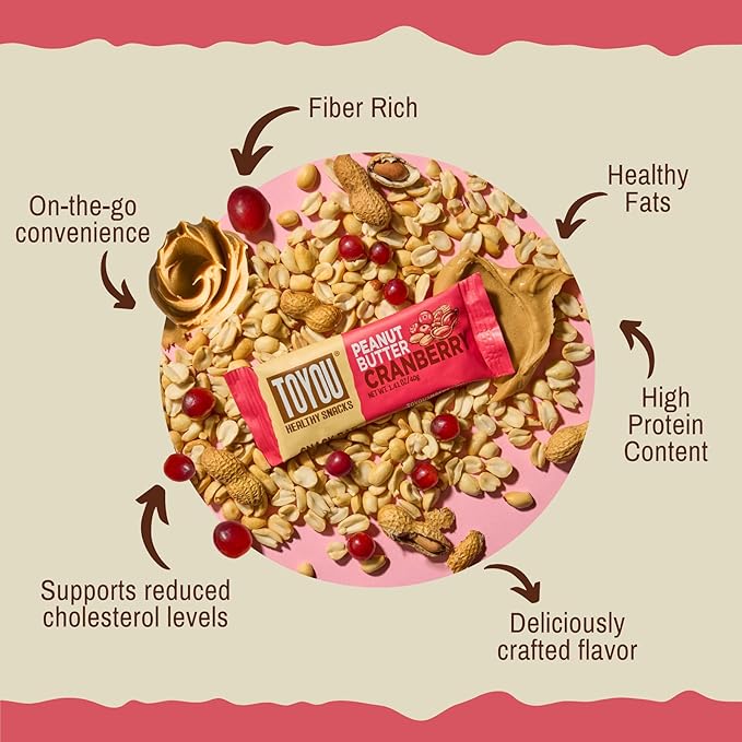 ToYou Chewy Fruit and Nut Bars - Healthy Protein Snacks | Peanut Butter Cranberry - 1.41 Ounce