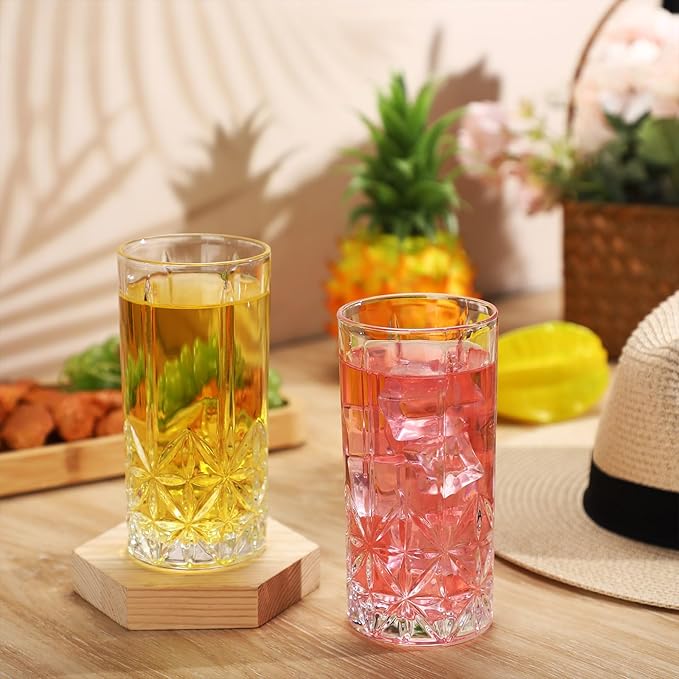 Uiifan Set of 12 Tall Highball Glasses 12 oz Crystal Drinking Glasses Clear Fancy Cups Vintage